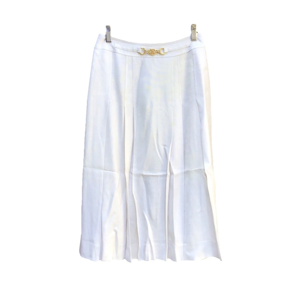 Vintage Celine Paris White Pleated Midi Skirt Gold Logo Hardware Size 40 Stains